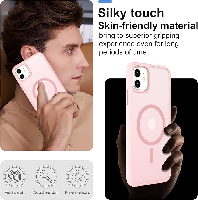 Pilaru for iPhone 11 Case & iPhone XR Case [Compatible with Magsafe] Translucent Matte Magnetic Case with Screen Protector,SlimThin Shockproof Protective Cover for iPhone 11 & iPhone XR-Pink