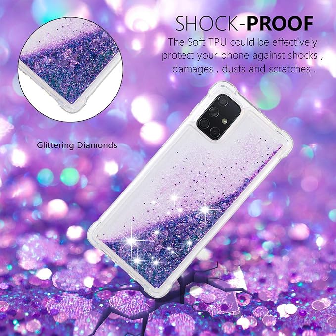 Glitter Case für Galaxy A71 Silicone, Transparent Protective Case Bumper Phone Cover Glitter Floating Liquid Phone Case Full Body Rugged Scratch Slim Shell compatible with Samsung Galaxy A71, Purple