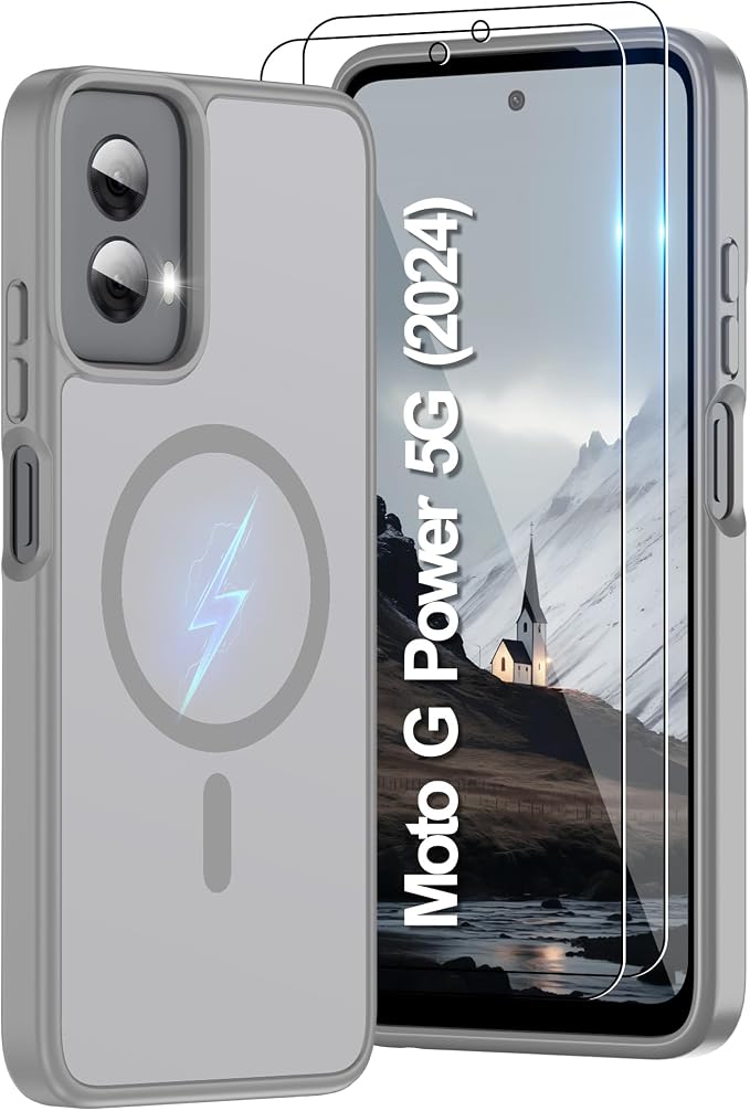 for Motorola Moto g Power 2024 case [Compatible with Magsafe] Translucent Matte Magnetic Phone Case,Slim Thin Duty Shockproof Protection Cover with 2pc HD Screen Protector for Moto g Power 2024-Gray