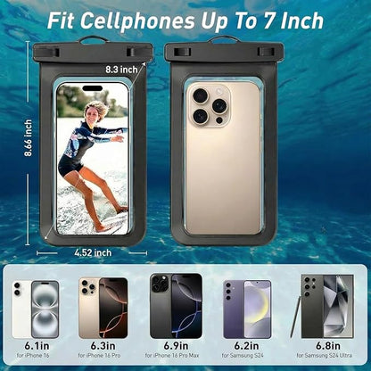 2 Pack Universal Waterproof Phone Pouch Compatible for iPhone, Universal Waterproof Dry Bag Travel Essentials for Cruise Kayak Vacation Accessories Must Haves, Black & Blue - 7"