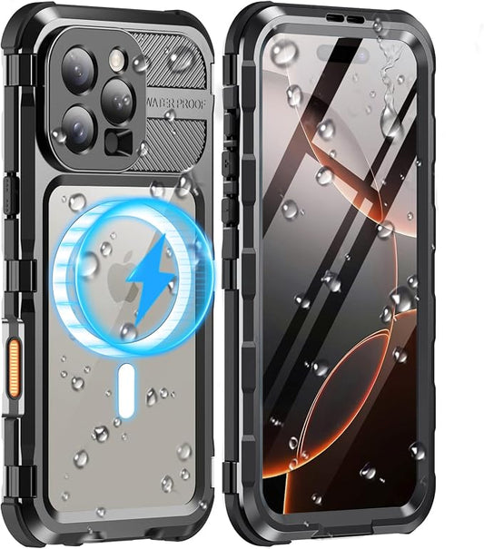 WIFORT for iPhone 16 Pro Max Waterproof Case - Metal Heavy Duty [Built-in Screen Protector] [14FT Military Shockproof] [Fit for MagSafe], IP68 Full Body Rugged Water Proof Magnetic Cover, 6.9" Black