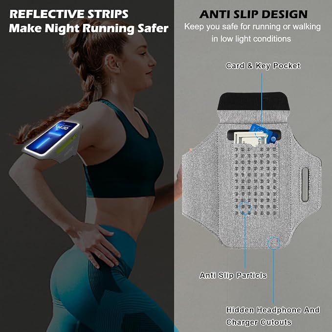 Cell Phone Running Armband with Earbuds Zipper Pocket Armband Case Running Holder for iPhone 16 Pro Max/15/14 Pro Max/13/12 /11 Pro Max/XS/XR,Galaxy S20 S10,Sweatproof Arm Band with Card/Key Bag