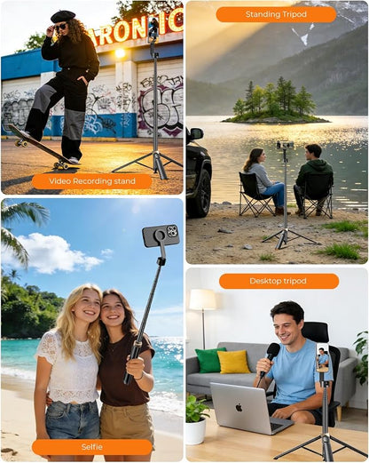 Magnetic Selfie Stick Tripod 72 Inch for iPhone MagSafe, Extendable Phone Tripod Stand with Bluetooth Remote, 360° Rotation Aluminum Selfie Stick for Travel, Vlog, TikTok