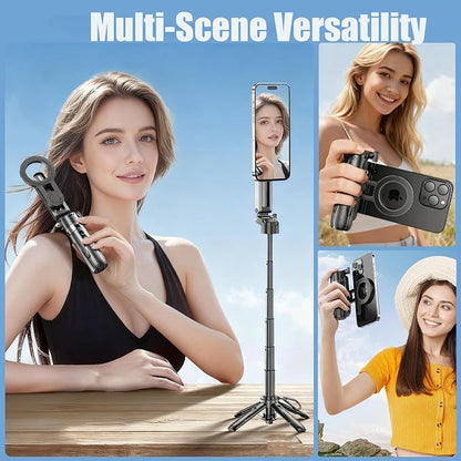 4 in 1 Magnetic Tripod Pocket Selfie Stick Extendable Cell Phone Stand Portable Camera Grip Handle with Wireless Detachable Remote Control for Photograph/Live Streaming/Video/Travel (Black)