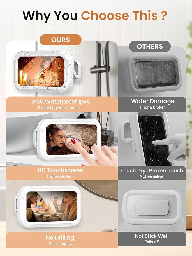 Shower Phone Holder Waterproof Case with Anti-Fog Screen, 480° Rotatable & Adjustable Wall Mount Stand, Waterproof Bathroom Bathtub Kitchen Accessories for 4-7'' Cellphones