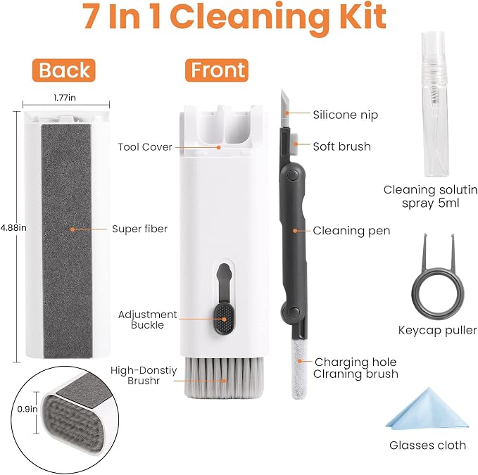 7 in 1 Electronic Cleaner kit, Cleaning Kit for Monitor Keyboard Airpods MacBook iPad iPhone iPod, Screen Dust Brush Including Soft Sweep, Swipe, Airpod Cleaner Pen, Key Puller and Spray Bottle