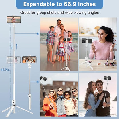 Selfie Stick Tripod with Fill Light, Phone Selfie Stick,Durable Stainless Steel Design,Bluetooth Remote Control,and Stable Three-Legged Support for Live Broadcasts,Video Shooting (White)
