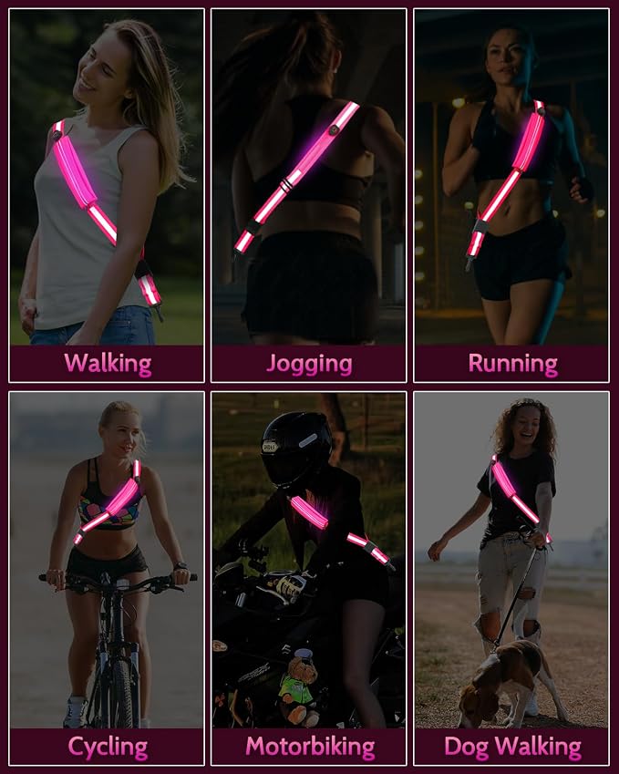 Fitense LED Reflective Belt Sash - 5 Lights Colors & 3 Light Modes High Visibility Night Safety Belt, Rechargeable Light Up Running Gear Adjustable Vest Straps for Runners Walkers Men Women