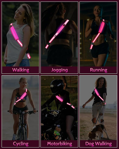 Fitense LED Reflective Belt Sash - 5 Lights Colors & 3 Light Modes High Visibility Night Safety Belt, Rechargeable Light Up Running Gear Adjustable Vest Straps for Runners Walkers Men Women