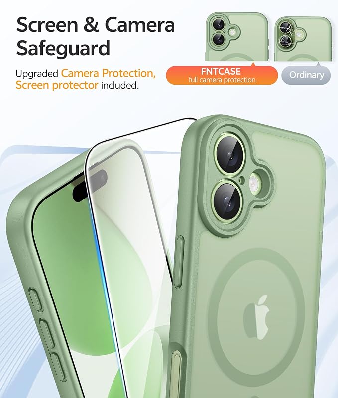 FNTCASE for iPhone 17 Case: [Compatible with Magsafe] Translucent Matte Cases with [Full Camera Protection] [Screen Protector] Military Grade Shockproof Protective Phone Cover - Light Moss