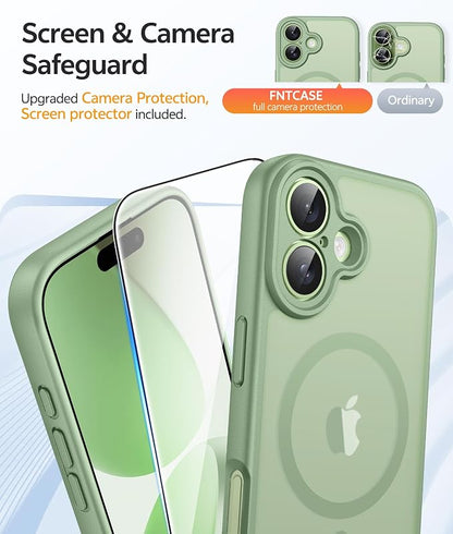 FNTCASE for iPhone 17 Case: [Compatible with Magsafe] Translucent Matte Cases with [Full Camera Protection] [Screen Protector] Military Grade Shockproof Protective Phone Cover - Light Moss