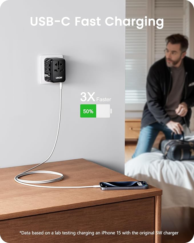 LENCENT Universal Travel Power Adapter, International AC Plug Adaptor | with 3 USB C 2 USB A Ports Wall Charger Worldwide Travel Essentials for US to EU UK Ireland Australia (Type C/G/A/I) Black