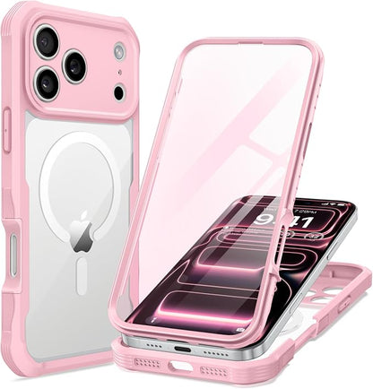 seacosmo for iPhone 17 Pro Case, Full Body Bumper with Built-in Tempered Glass Screen Protector and Camera Lens Protection, Compatible with MagSafe, Shockproof 17 Pro Phone Case, 6.9", Pink