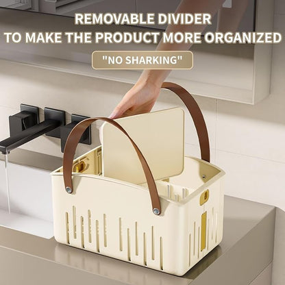 Portable Shower Caddy,Foldable Shower Caddy with Handle and Adjustable Divider,Plastic Shower Storage Basket,Quick Dry Bathroom Shower Organizer Bin for College,Dorm Room,Travel Essentials(Cream)