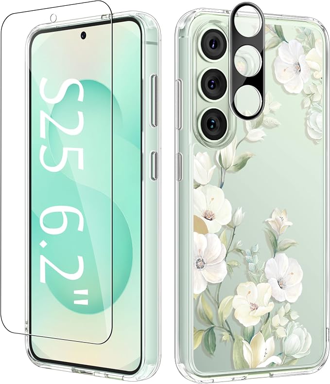 GVIEWIN for Samsung Galaxy S25 Case, Clear Floral Slim Shockproof Protective Women Phone Case, Non-Yellowing, with Screen Protector & Camera Lens Protector for Galaxy S25 6.2", Hibiscus/Green