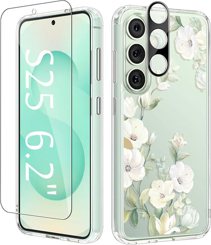 GVIEWIN for Samsung Galaxy S25 Case, Clear Floral Slim Shockproof Protective Women Phone Case, Non-Yellowing, with Screen Protector & Camera Lens Protector for Galaxy S25 6.2", Hibiscus/Green