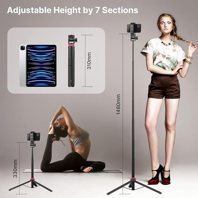 ULANZI MT-71 57.48 inch Extendable Selfie Stick, Phone Tripod for Go P-r-o w Smartphone Clamp Extension Pole, Compatible with DJI OSMO 360/OSMO Pocket 3/Insta 360 x 5/Xtra/Sony/Canon/Nikon/Cameras