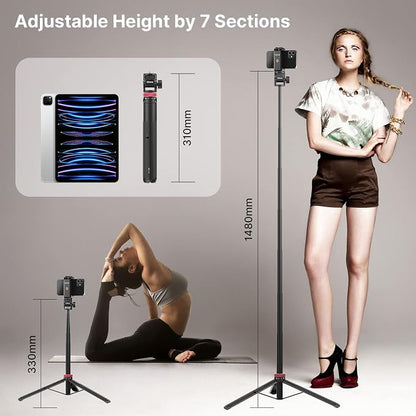 ULANZI MT-71 57.48 inch Extendable Selfie Stick, Phone Tripod for Go P-r-o w Smartphone Clamp Extension Pole, Compatible with DJI OSMO 360/OSMO Pocket 3/Insta 360 x 5/Xtra/Sony/Canon/Nikon/Cameras