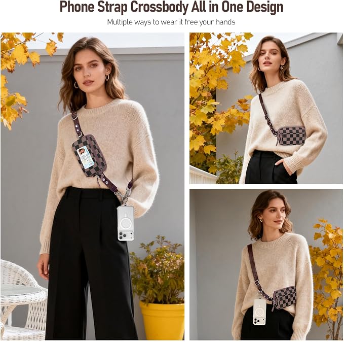 Clip and Go Strap for Phone with Wallet Crossbody Phone Lanyard and Detachable Checkered Bag with ID Window and RFID Pouch for Daily Travel.