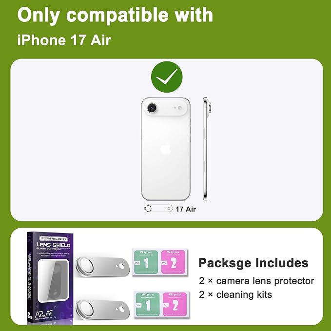 2-Pack Shatterproof Camera Lens Protector for iPhone 17 Air |AR Tempered Glass Strong Adsorption Metal Camera Cover Screen(Silvery)