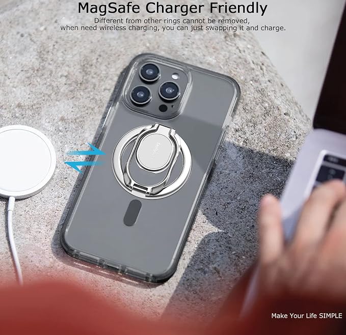 Magnetic Phone Grip Holder Kickstand, Gym Double Adjustable Finger Ring Grip and Stand, Compatible with PopSockets MagSafe Ring Removable for iPhone (Silver)