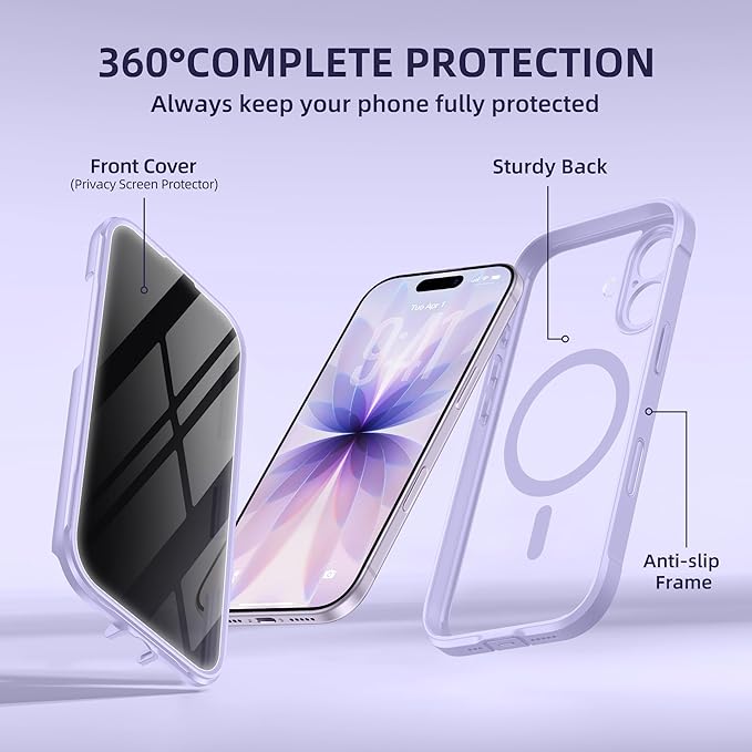BERFY for iPhone 17 Case, Compatible with MagSafe, Built-in Privacy Screen Protector, Camera Protection, Shockproof Full Body Phone Case 6.3", Clear Lilac