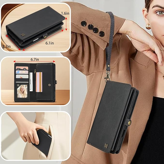 for Wallet Case Compatible with iPhone 15,Multi-Function Detachable 2 in 1 Magnetic iPhone 15 Wallet,Flip Strap Zipper Card Holder Phone Case with Shoulder Straps (Black)