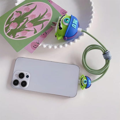 3D Cute Cartoon Charger Protector Case - Compatible for Apple 20W USB-C Power Adapter and Lightning Cable (Green 01)