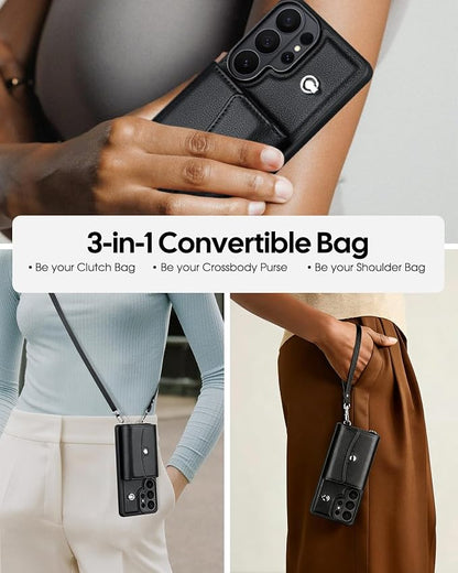 OCASE Compatible with Samsung Galaxy S26 Ultra Crossbody Wallet Case with Card Holder, PU Leather Phone Purse with RFID Blocking Kickstand Wrist Strap Lanyard, Black