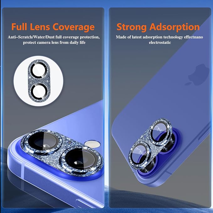 Camera Lens Protector for iPhone 16/iPhone 16 Plus, Bling Glitter Camera Cover with 9H Tempered Glass Metal Ring, Anti-Scratch Lens Protector for iPhone 16/iPhone 16 Plus (Glitter - Blue)