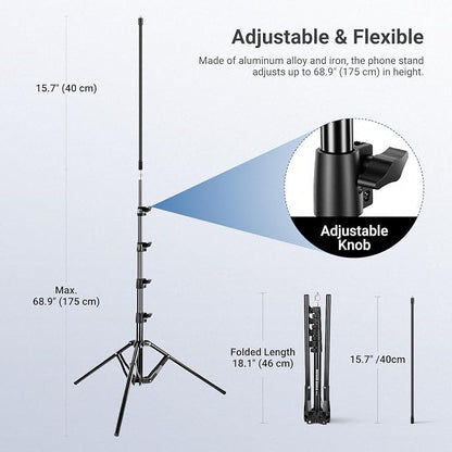 NEEWER BASICS Phone Tripod Stand with Flexible Arm & Reversible Legs, Aluminum Office Table Bedside Smartphone Clip Clamp Holder Mount Compatible with iPhone Samsung Android for Video Recording, ST014