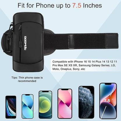 Phone Holder for Running, Large Capacity Arm Band for Phone for Running Walking, Lightweight Armband Cell Phone Holder for iPhone 13 14 15 16 Samsung Galaxy S24 S23 Ultra Under 7.5 Inch (Black)