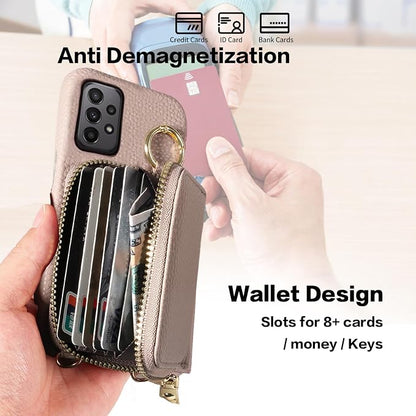 Wallet Case for Samsung Galaxy A33 5G with Shoulder Strap Ring Buckle, Luxury PU Leather Zipper Flip Organ Purse Credit Card Holder Stand Full Body Cell Phone Cover for A 33 33A Women Men Khaki
