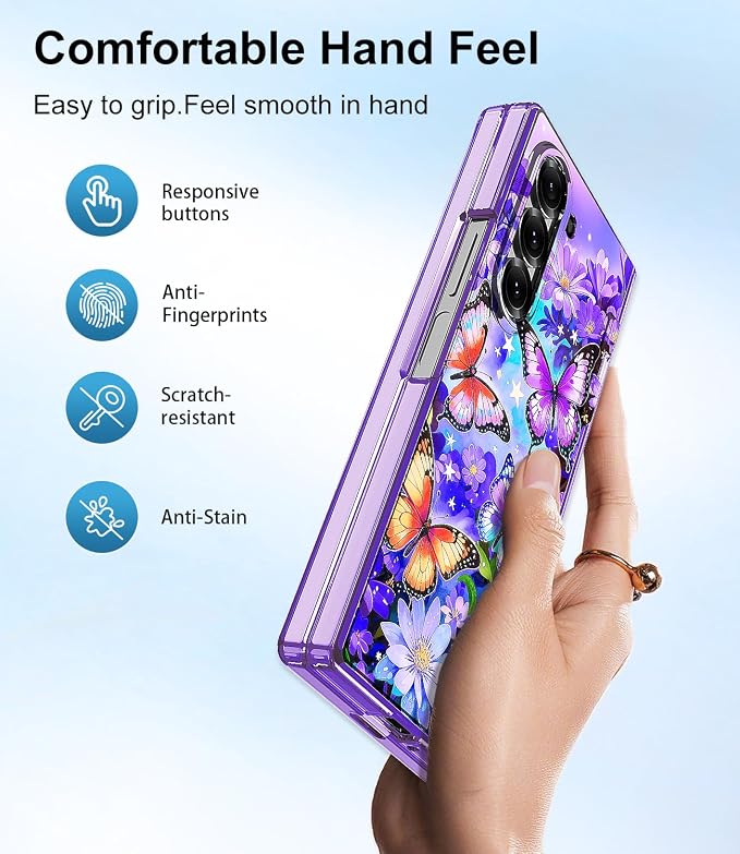 Btscase for Samsung Galaxy Z Fold 6 Case,Built in Front Screen Protector,Gold Glitter Marble Pattern Hard PC Slim Shockproof Full Body Drop Protective Case for Galaxy Z Fold 6 5G, Bright Purple