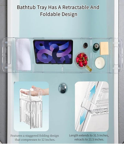 Bathtub Caddy Tray,Adjustable Bathtub Tray Table, Bath Organizer for Relaxing Spa-Features 2 Cup Holders, A Phone Stand with 5 Angle Adjustments,Non-Slip Silicone Pads,Won't Get Moldy,Easy to Clean.