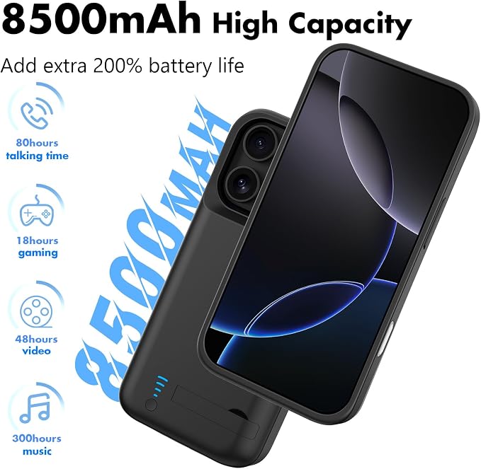 Battery Case for iPhone 16 Pro Max, 8500mAh Extended Charging Case with Kickstand for Apple 16 Pro Max, Phone Charger Cover for 16 Pro Max(6.9") Black