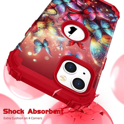 Hocase for iPhone 15 Case, Heavy Duty Shockproof Protection Soft Silicone Rubber Bumper+Hard Plastic Hybrid Protective Case for iPhone 15 (6.1" Display) 2023 - Shimmering Butterflies in Red
