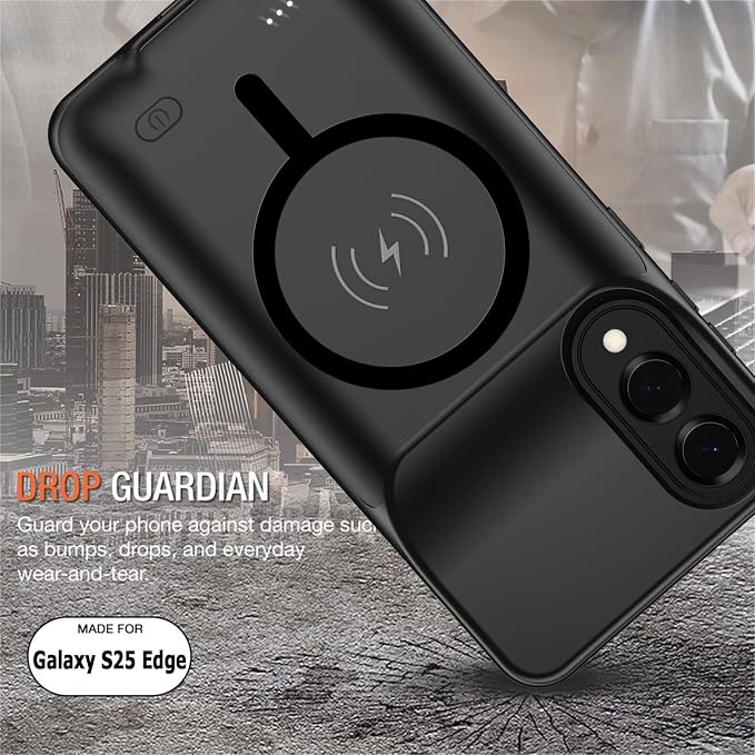 Wireless Charging Case for Galaxy S25 Edge, Upgraded 10000mAh Rechargeable Portable Charging Case Compatible with Galaxy S25 Edge (6.7 inch) with Carplay Extended Battery Pack Charger Case (Black)