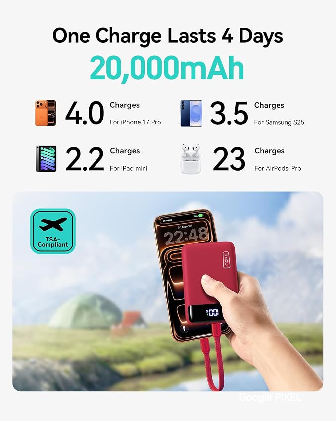 INIU Portable Charger, 22.5W 20000mAh Fast Charging Small Power Bank, Flight Cruise Ship Travel Essentials Mini Phone Charger Compatible with iPhone Samsung for College Students Teen Boys Girls, Red