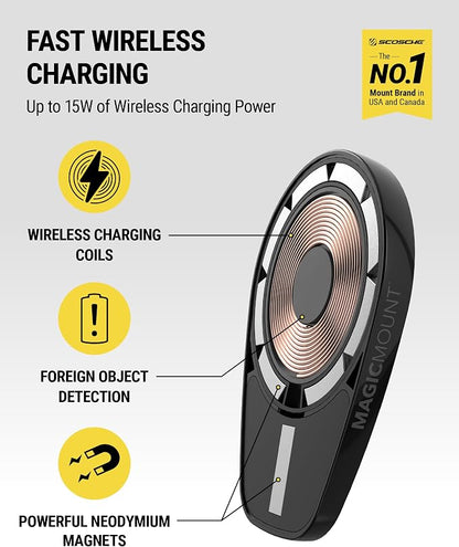 Scosche MPQ6DV-SP Magnetic Phone Holder for Car Dashboard/Vent, 15W Wireless Fast Car Charger Phone Stand, Hands Free Cell Phone Mount Compatible with iPhone 17/16/15/14/13/12 Series & MagSafe Case