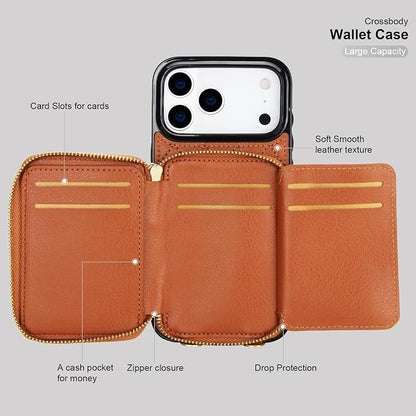 Bocasal Crossbody Wallet Case for iPhone 17 Pro Max, RFID Blocking PU Leather Zipper Handbag Purse Flip Cover, Kickstand Folio Case with Card Slots Holder Wrist Strap Lanyard 5G 6.9 Inch (Brown)