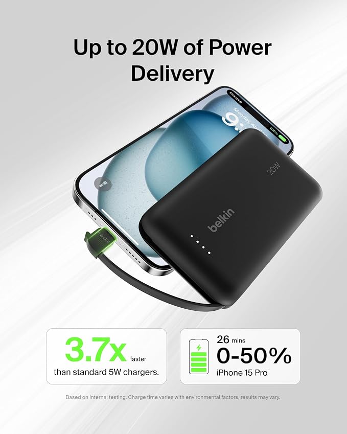 Belkin Portable Charger Power Bank USB C, 10000 mAh w/Integrated Cable, 20W Fast Charge USB-C Power Delivery, iPhone Charger, Apple iPhone 17, Air, Pro, Pro Max, iPad, Samsung Galaxy S25 - Black