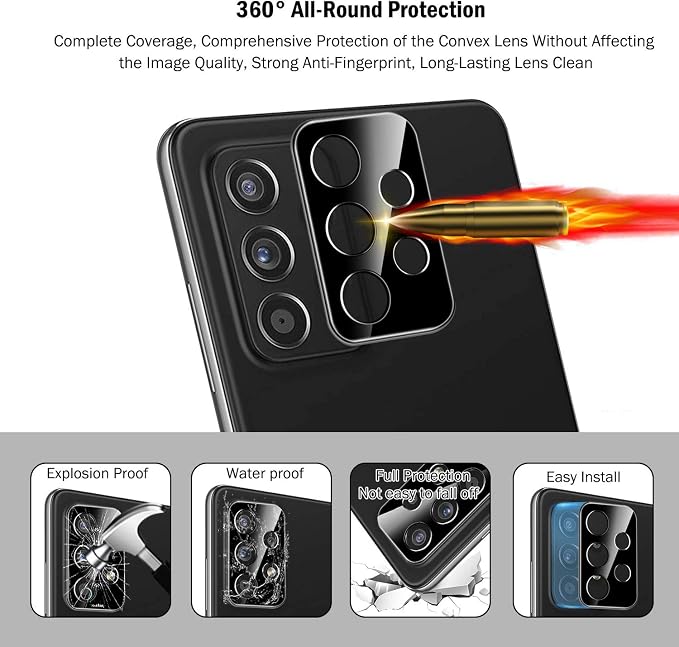 QHOHQ 3 Pack Screen Protector for Samsung Galaxy A52 4G/5G with 3 Packs Camera Lens Protector,Tempered Glass Film,9H Hardness - HD - Anti-Scratch - 2.5D Edge - Anti-Fingerprint - Easy Installation