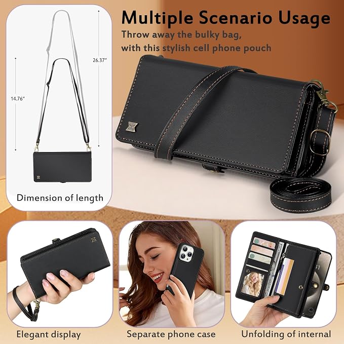 for Wallet Case Compatible with iPhone 15 Pro Max,Multi-Function Detachable 2 in 1 Magnetic iPhone 15 Pro Max Case Wallet,Flip Strap Zipper Card Holder Phone Case with Shoulder Straps (Black)