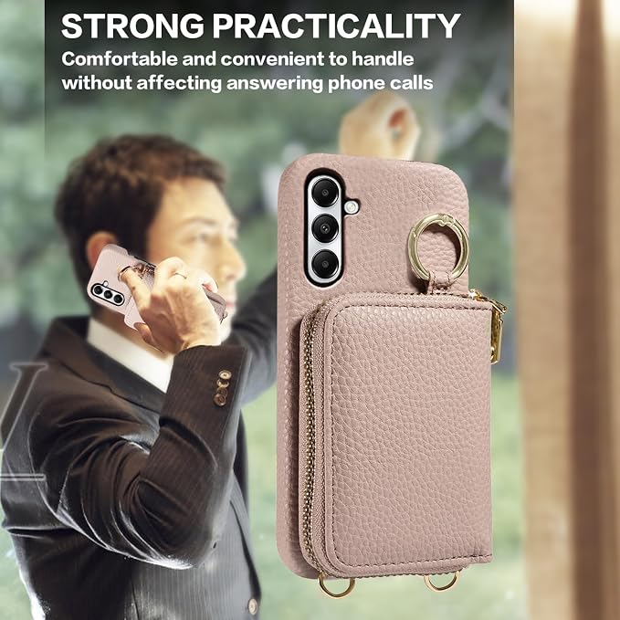 Wallet Case for Samsung Galaxy A35 5G with Shoulder Strap Ring Buckle, Luxury PU Leather Zipper Flip Organ Purse, Credit Card Holder Stand Cell Phone Cover for A 35 35A A355G Women Men Khaki