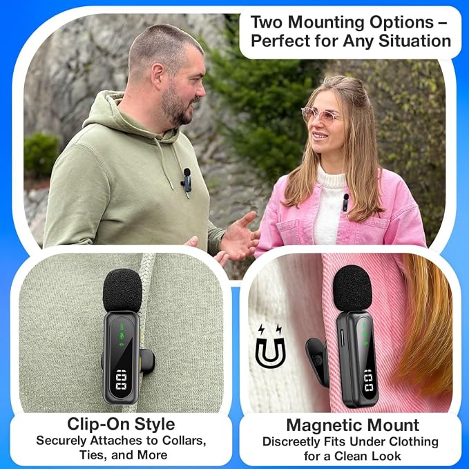 Wireless Lavalier Microphone for iPhone Mini Mic Android/Tablet/PC Video Recording Clip-on Mics with Rotatable Clip&Denoise Recording, Ideal for Vlog Tiktok Youtube Podcast Content Creator
