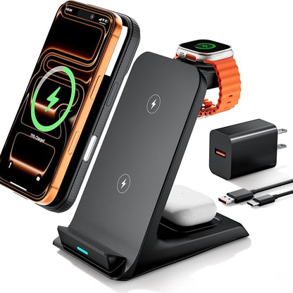 Wireless Charger for Thick Cases of 10MM/Otterbox/Heavy Duty, 3 in 1 Charging Dock for iPhone 17 16 15 14 Pro Max, Phone Stand Charging Station for Multiple Devices for Apple Watch/AirPods