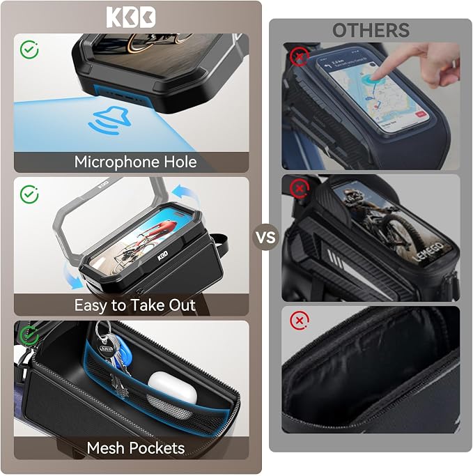 KDD Bike Front Frame Bag with Waterproof Phone Holder, Mountain Cycling Storage Pouch, Handlebar Bag with Phone Mount, Bicycle Accessories for Top Tube, Fit for iPhone 17 Pro Max, Cellphone Under 7''