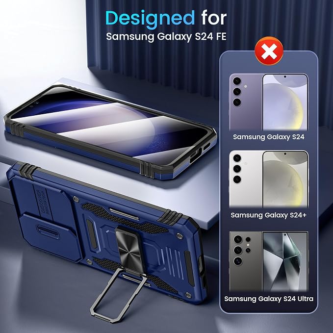 Caka for Samsung Galaxy S24 FE Case [HD Screen Protector] [Full Camera Lens Cover] [360°Rotated Kickstand Ring] [Heavy Duty Protection] Hard Rugged Protective Phone Cover for S24 FE - Blue