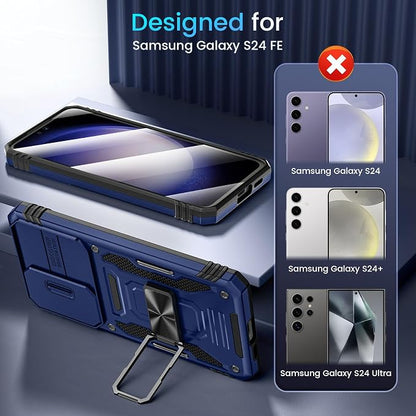 Caka for Samsung Galaxy S24 FE Case [HD Screen Protector] [Full Camera Lens Cover] [360°Rotated Kickstand Ring] [Heavy Duty Protection] Hard Rugged Protective Phone Cover for S24 FE - Blue
